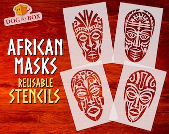 African masks stencils: Set of 4 reusable stencils for painting on walls, wood, fabrics, home and furniture decor