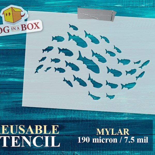 Fish Swarm Stencil n.9: Reusable fishes stencil for painting Ocean Sea Life on walls, wood, fabrics, home and furniture decor