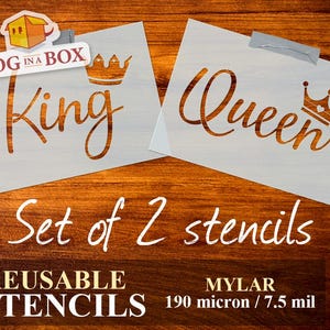 King and Queen stencils - Set of 2 reusable stencils for wall, cakes, wood, fabrics. Crown stencils for him and her.