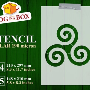 May include: A white stencil of a triple spiral design on a green wooden background. The stencil is made of 190 micron mylar and is available in A4 (8.3 x 11.7 inches) and A5 (5.8 x 8.3 inches) sizes.