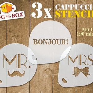 Bonjour stencils, set of 3, mr stencil, mrs stencil, mustache stencil, temporary tattoo, cappuccino stencil, coffee stencil, tatto stencil