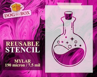 May include: Reusable stencil made of 190 micron mylar, featuring a white silhouette of a potion bottle with swirling liquid and stars inside. The stencil is on a pink and black marbled background with the text "DOG IN A BOX" and "REUSABLE STENCIL" in white.