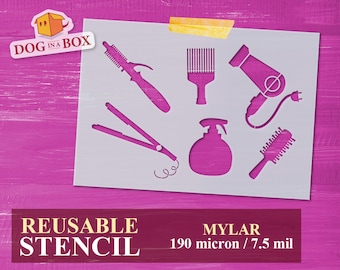 Hair Salon Stencil: Reusable stencil for hair saloon decor (Hair Tools, Dryer, Brush, Comb)