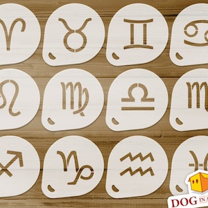 Szablony znaków zodiaku nr 1 - Zestaw 12 szablonów do ciasteczek: szablony horoskopów, szablony cappuccino, szablony kawy, szablony do malowania twarzy