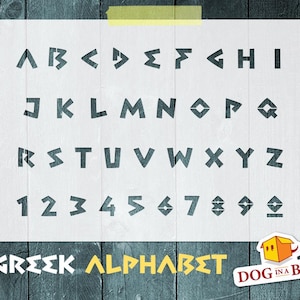 May include: A white stencil featuring the Greek alphabet and numbers in a geometric, angular font. The text "GREEK ALPHABET" is at the bottom. A yellow sticker with a dog in a box is in the bottom right corner.