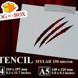 Pode incluir: Um estêncil de três marcas de garras, feito de mylar de 190 mícrons. O estêncil está disponível no tamanho A4 (210 x 297 mm) e A5 (148 x 210 mm).