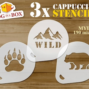 Wild Bear Stencils for Coffee, Cappuccino, wood, walls (set of 3)