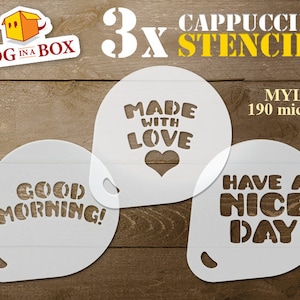 Stencil Made with Love, set di 3 stencil per caffè, stencil per una bella giornata, stencil per biscotti, stencil per cappuccino, stencil per pittura, buongiorno