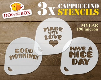 Made with Love stencil, set of 3 coffee stencils, nice day stencil, cookie stencils, cappuccino stencil, painting stencils, good morning