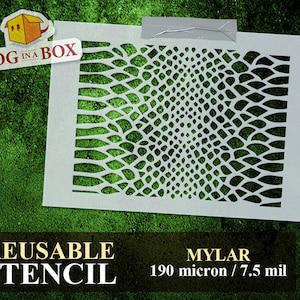 Op de afbeelding: Witte herbruikbare sjabloon met een herhalend patroon van overlappende cirkels en ovalen. De sjabloon is gemaakt van 7,5 mil mylar.