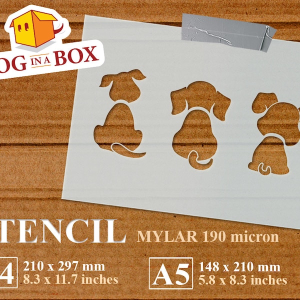 Stencil per cani seduti, stencil veterinario, stencil per rifugio per cani, stencil riutilizzabile per cartelli e pareti in legno, stencil per tessuti, cane scodinzolante