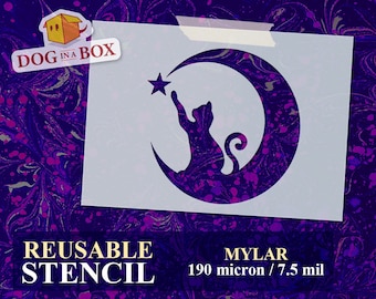Cat on Moon Stencil n.2: Reusable cat Silhouette stencil for Painting on walls, wood, DIY crafts, furniture and cake decor