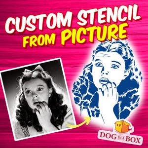 May include: A promotional image for custom stencils. The image features a black and white photo of a woman, next to a blue and white stencil design of the same woman. The text "CUSTOM STENCIL FROM PICTURE" is displayed in white and yellow on a pink background.