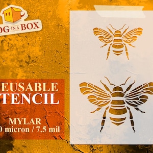 Puede incluir: Plantilla reutilizable hecha de Mylar de 190 micras, con dos siluetas de abejas. Las abejas tienen alas detalladas y cuerpos segmentados.