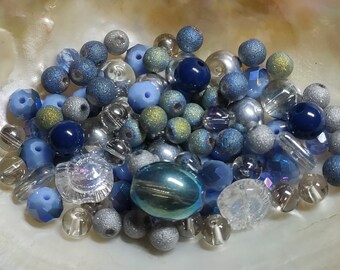 Glass beads, cut glass beads, blue grey, mix of shapes, 5 mm to 15 mm