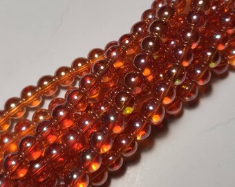 Glass beads galvanized 6 mm orange rainbow plated