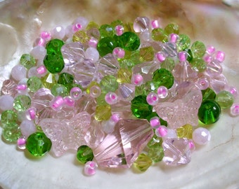 Glass beads faceted glass beads mix of shapes pink green