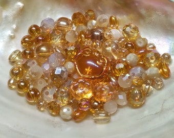 Glass beads, cut glass beads, faceted, mix of shapes, orange