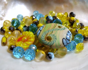 Glass beads glass cut beads mix of shapes turquoise yellow