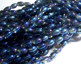 Glass beads blue grey oval rainbow plated 6mmx4mm