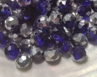 Glass beads Ground glass beads 8 x 6 mm navyblue silver plated