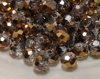 Glass beads faceted 6 x 4 mm grey half gold plated
