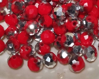 Glass beads faceted 6 x 4 mm red half silver plated