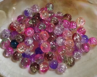 Beads glass, crackle beads 90 pieces, colorful mix, 8 mm