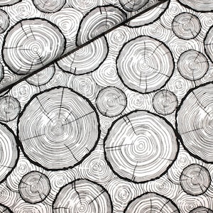 Könnte beinhalten: Schwarz-weißes, sich wiederholendes Muster von Baumringen auf weißem Hintergrund. Das Muster besteht aus konzentrischen Kreisen, die dem Querschnitt eines Baumstamms ähneln.