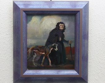 Gerahmtes Ölgemälde Alte Frau mit Windhund, Bilder, Ölbilder, Wandgemälde, Kunst, Wohndekor