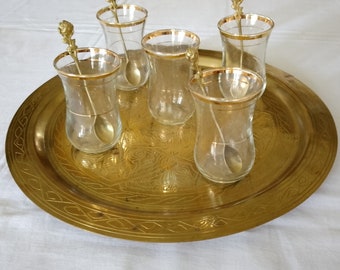 Brass tray with Arabic tea glasses and spoons, Decorative trays, Table decoration, Home decor