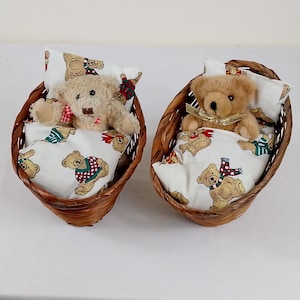 Teddy bears with basket beds, teddy bears, stuffed animals, plush toys, doll beds, doll furniture, toys.
