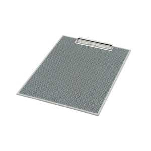 May include: A rectangular clipboard featuring a gray surface with a repeating white geometric star pattern. The board includes a silver-colored metal clip mechanism at the top edge, designed to hold documents securely in place on the flat surface.