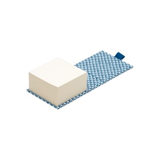 May include: A blue and white patterned notepad with a stack of white sticky notes. The notepad has a blue tab.