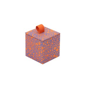 Könnte beinhalten: Eine kleine, quadratische Schachtel mit einem blauen und orangefarbenen Muster. Die Schachtel hat einen kleinen orangefarbenen Griff oben.