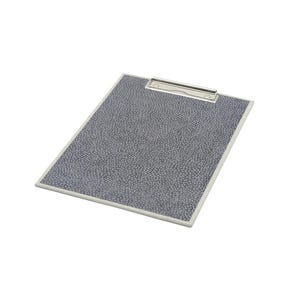 May include: A rectangular clipboard featuring a dark blue surface covered in a dense pattern of small white dots. The board is equipped with a silver-toned metal clip mechanism at the top edge, designed to hold papers securely in place.