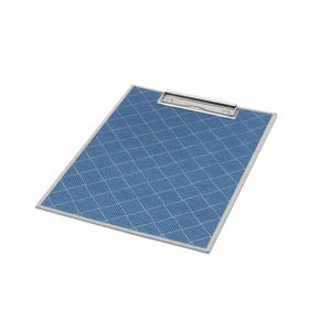 May include: A rectangular clipboard featuring a blue surface with a white diamond grid pattern. The clipboard includes a silver-colored metal clip mechanism at the top edge, designed to hold documents securely in place on the flat board surface.