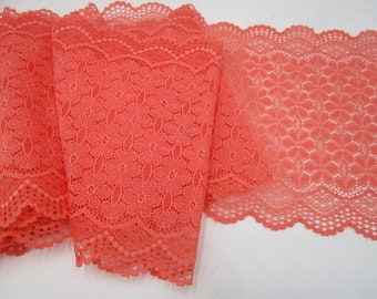 Bordure en dentelle élastique de 1 m de large à motif floral rouge saumon (16 cm de large) 37-4-23