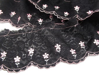 Bordure en dentelle noire 1,50 m plus large avec bord festonné et broderie rose/verte pour attache (8 cm de large) 46-11-22