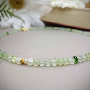 Necklace &#39;LOUISA&#39;, necklace, serpentine, chromium diopside, freshwater cultured pearl, 925 sterling silver gold plated, cube chain, nuggets, unique