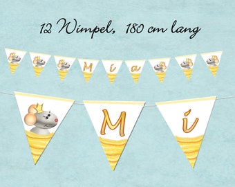 Wimpelkette Girlande süße Maus mit Namen,  beidseitig bedruckt Kindergeburtstag ,  personalisiert