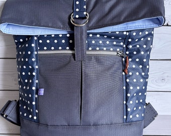 Backpack roll top backpack courier bag women's backpack water-repellent blue with white dots