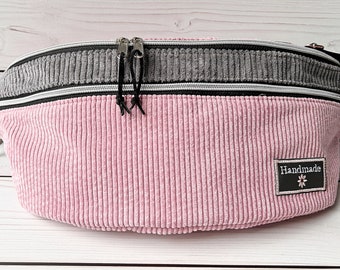 Bauchtasche Damen-Hüfttasche aus Cord-Bauchtasche gemustert-XXL Bauchtasche-geräumige Bauchtasche-Rosa-graue Bauchtasche-Crossbag