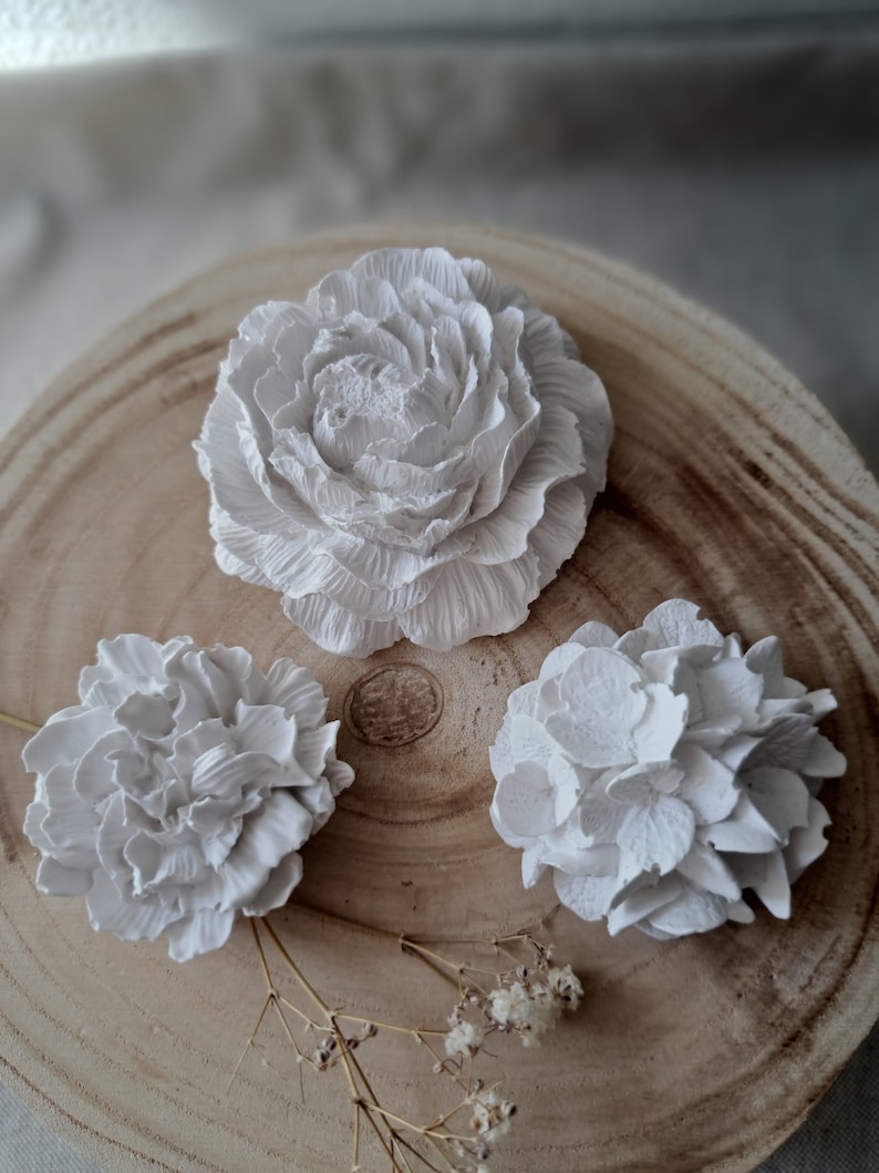 May include: Three white plaster flower wall decor pieces on a wooden surface. The flowers are in a variety of styles, including a peony, a hydrangea, and a rose.