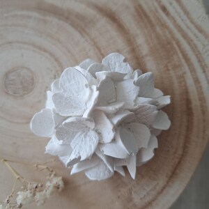 May include: A white ceramic flower with a delicate, layered design. The flower is sitting on a wooden surface.