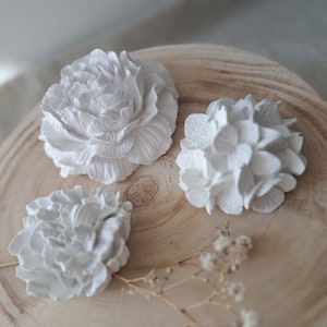 May include: Three white plaster flower decorations on a wooden surface. The flowers are in the shape of peonies and hydrangeas.