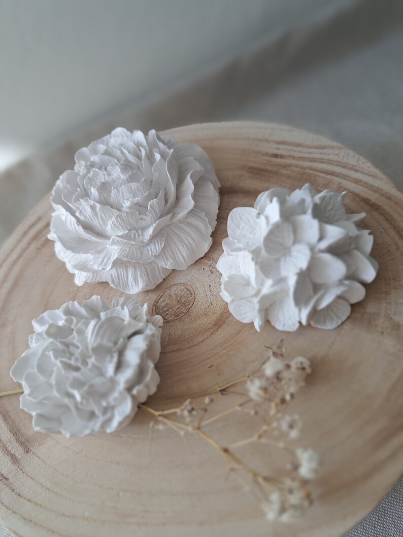 May include: Three white plaster flower decorations on a wooden surface. The flowers are in the shape of peonies and hydrangeas.