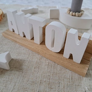 Table decoration name, lettering, baptism, decoration, communion, confirmation, raysin, wood, letters, Mellen creations, table decoration