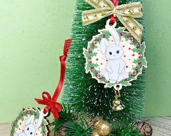 Bunny in wreath - Wooden ornament for Christmas