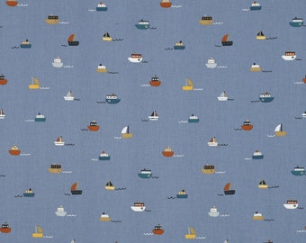 Baumwolle beschichtet Stoffe Verhees Textiles Poppy Boote Polyacryl-beschichtet Wachstuch Breite 148cm, Farben: Hellblau / Bunt